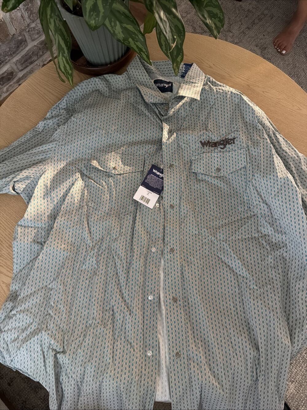 Wrangler Mens XXL Tan Teal Geo Print LS Western Snap Shirt 112369449 NWT